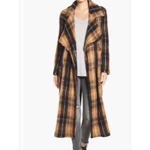FREE PEOPLE Anaheim Plaid Coat Sz m Boho Long Soft Blanket Yellow Tartan